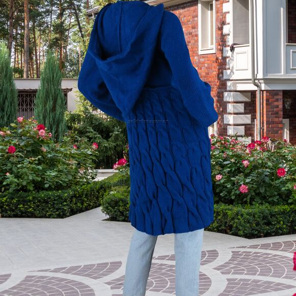 Indigo Cable Knit Hooded Sweater Dress Coat S - Picture 7 of 11